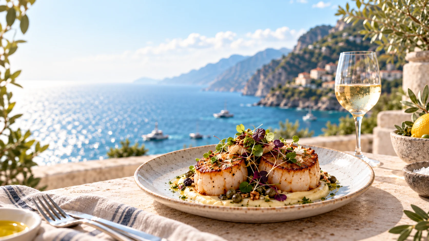 Seared scallops, coastal menu concept photography